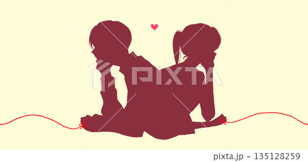 運命の赤い糸を結んだ背中合わせの男女　頬杖　シルエット 135128259