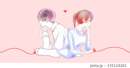 運命の赤い糸を結んだ背中合わせの男女　頬杖 135128261