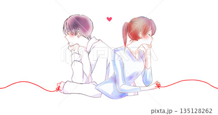 運命の赤い糸を結んだ背中合わせの男女　頬杖 135128262
