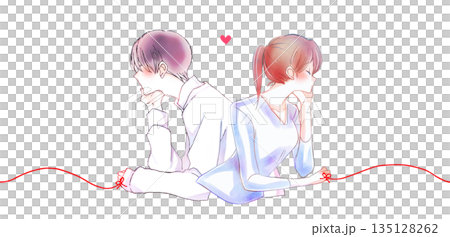 A man and woman tied together by the red thread of fate, back to back, resting their chins on their hands A man and woman tied together by the red thread of fate, back to back, resting their chins on their hands 135128262