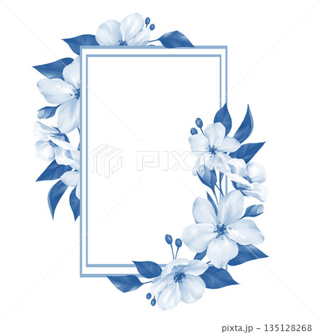 Isolated illustration of a hand-drawn rectangular frame decorated with elegant blue leaves and delicate white flowers. Minimalist botanical border design for wedding invitations or spring stationery, Isolated illustration of a hand-drawn rectangular frame decorated with elegant blue leaves and delicate white flowers. Minimalist botanical border design for wedding invitations or spring stationery, 135128268