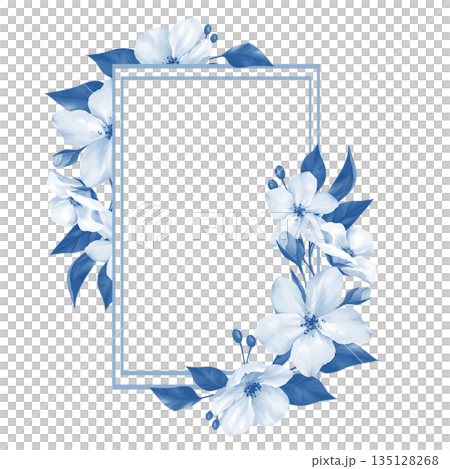 Isolated illustration of a hand-drawn rectangular frame decorated with elegant blue leaves and delicate white flowers. Minimalist botanical border design for wedding invitations or spring stationery, 135128268