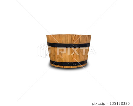 Wooden barrel planter isolated on white background. 135128380