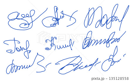 Hand-drawn blue scribble signatures set isolated on white background. Doodle sketch faux autograph collection for notes, highlights, graphic design, or creative decorative elements. Hand-drawn blue scribble signatures set isolated on white background. Doodle sketch faux autograph collection for notes, highlights, graphic design, or creative decorative elements. 135128558