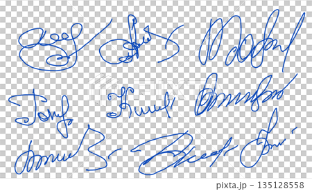 Hand-drawn blue scribble signatures set isolated on white background. Doodle sketch faux autograph collection for notes, highlights, graphic design, or creative decorative elements. Hand-drawn blue scribble signatures set isolated on white background. Doodle sketch faux autograph collection for notes, highlights, graphic design, or creative decorative elements. 135128558