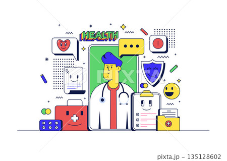 Modern flat line Online Healthcare illustration Modern flat line Online Healthcare illustration 135128602