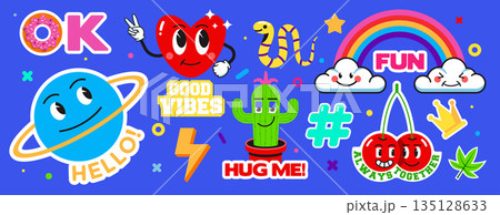 Modern Sticker label design on blue background of 80s 135128633