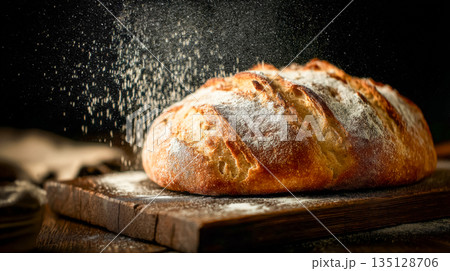 Rustic loaf of freshly baked bread sprinkled with flour on wooden board 135128706