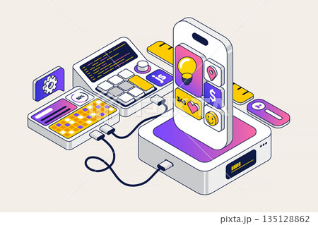 Trendy Isometric illustration of Mobile App development Trendy Isometric illustration of Mobile App development 135128862