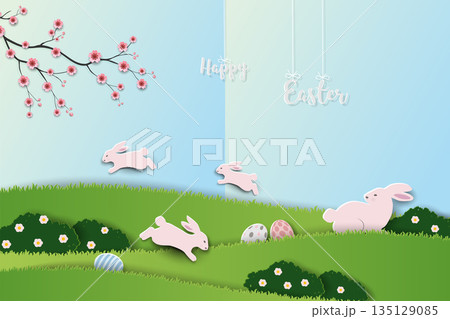Easter background with cute rabbits happy on spring garden for banners,flyers,cards,social media or wallpaper 135129085