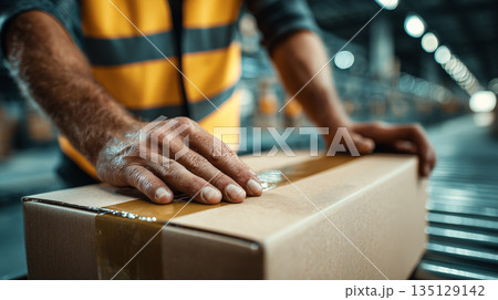 Warehouse worker sealing cardboard package with tape on production line for efficient logistics and shipping operations 135129142