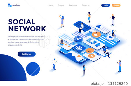 Flat color Modern Isometric Concept Illustration - Social Network Flat color Modern Isometric Concept Illustration - Social Network 135129240