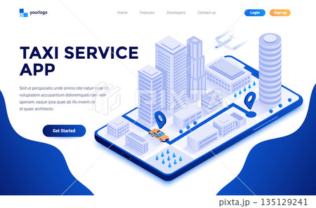 Flat color Modern Isometric Concept Illustration - Taxi Service app 135129241