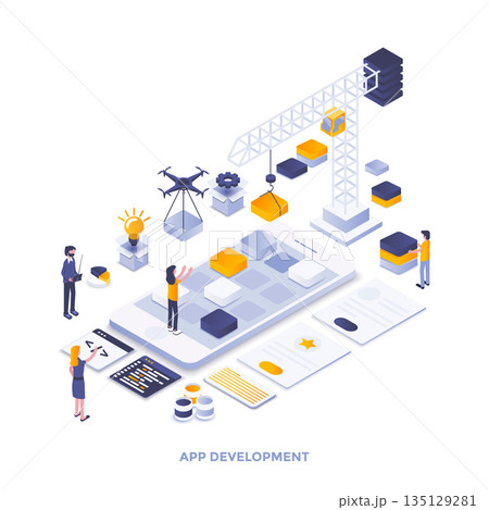 Flat color Modern Isometric Illustration design - App development 135129281