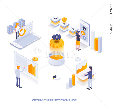 Flat color Modern Isometric Illustration design - Cryptocurrency exchange 135129283