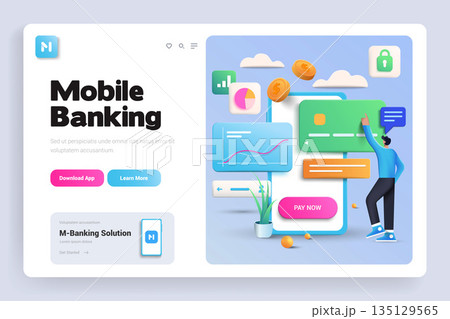 Flat Modern design Illustration of M Banking - Landing page design 135129565
