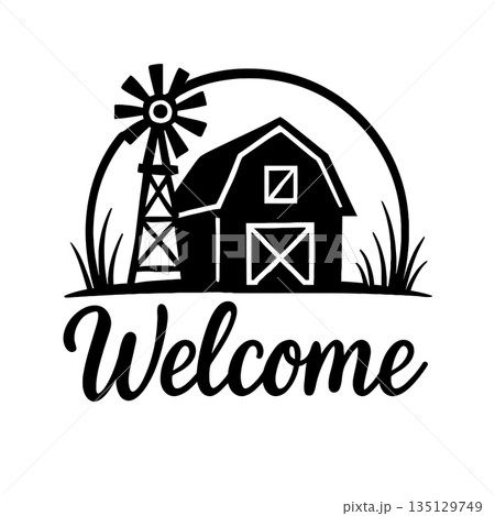 Welcome sign with barn and windmill silhouette 135129749