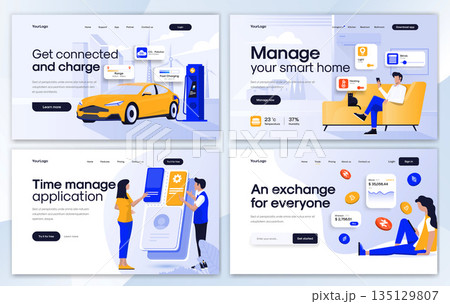 Flat Modern design of Landing page template - Tech set 135129807