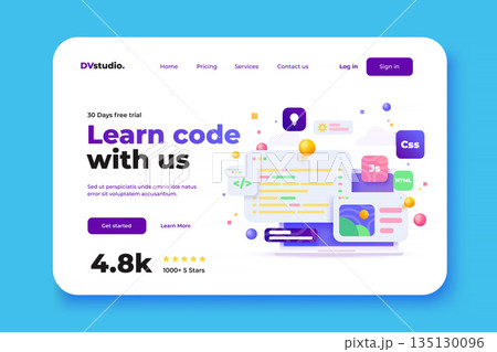 Modern 3d illustration of Light Landing page of Learn code Modern 3d illustration of Light Landing page of Learn code 135130096