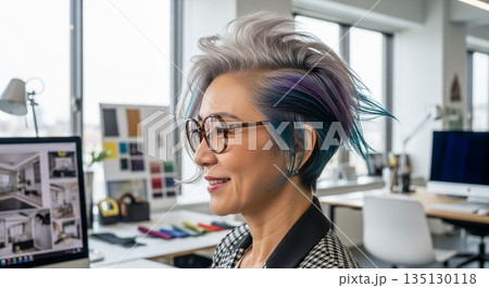 シニア日本人女性デザイナーの肖像：デザイン事務所で撮影されたポートレート 135130118