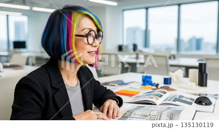 シニア日本人女性デザイナーの肖像：デザイン事務所で撮影されたポートレート 135130119