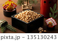 日本の伝統行事「節分」：邪気を払い福を呼び込む大豆と、赤鬼のお面 135130243