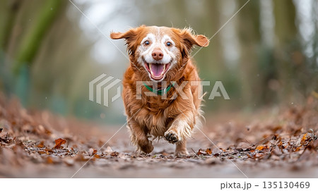 Happy Dog Running Joyfully Through Autumn Leaves in a Forest Pathway in Nature 135130469