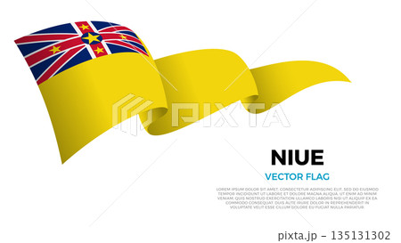 Flag of Niue. Niuean and Polinesian Culture. Shining flag with realistic shadows waving in three layers. The elegant curves and realistic shading create a sense of motion 135131302