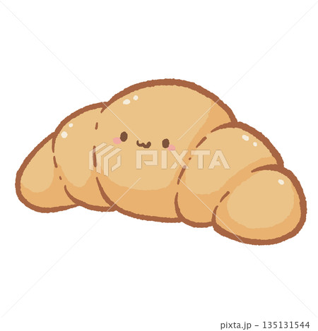 Kawaii golden brown croissant character with a cute smiling face hand drawn french pastry illustration for bakery shop branding and cafe menu design isolated on white Kawaii golden brown croissant character with a cute smiling face hand drawn french pastry illustration for bakery shop branding and cafe menu design isolated on white 135131544