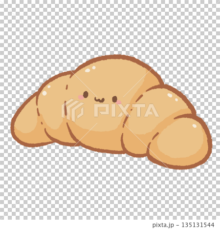 Kawaii golden brown croissant character with a cute smiling face hand drawn french pastry illustration for bakery shop branding and cafe menu design isolated on white Kawaii golden brown croissant character with a cute smiling face hand drawn french pastry illustration for bakery shop branding and cafe menu design isolated on white 135131544