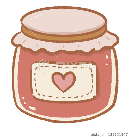 Hand drawn strawberry jam glass jar with cute heart label and fabric cover sweet fruit preserve icon for breakfast and baking concepts organic spread illustration isolated 135131547