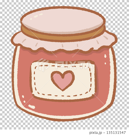 Hand drawn strawberry jam glass jar with cute heart label and fabric cover sweet fruit preserve icon for breakfast and baking concepts organic spread illustration isolated 135131547