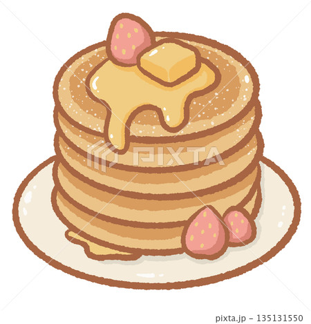 Delicious stack of pancakes with melting butter and maple syrup topped with fresh strawberries hand drawn breakfast food illustration isolated for cafe menu and brunch design Delicious stack of pancakes with melting butter and maple syrup topped with fresh strawberries hand drawn breakfast food illustration isolated for cafe menu and brunch design 135131550