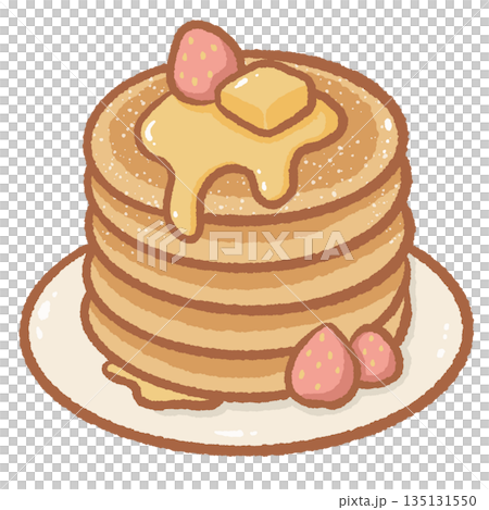 Delicious stack of pancakes with melting butter and maple syrup topped with fresh strawberries hand drawn breakfast food illustration isolated for cafe menu and brunch design Delicious stack of pancakes with melting butter and maple syrup topped with fresh strawberries hand drawn breakfast food illustration isolated for cafe menu and brunch design 135131550