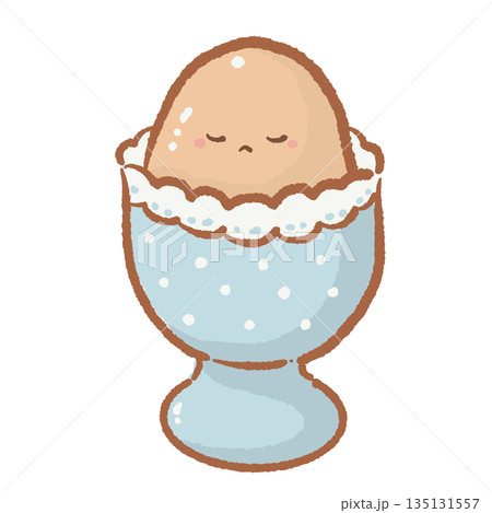 Cute boiled egg in blue polka dot cup with sleepy face hand drawn watercolor style healthy breakfast food character illustration for kitchen decor and kids menu design 135131557