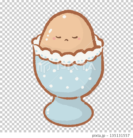 Cute boiled egg in blue polka dot cup with sleepy face hand drawn watercolor style healthy breakfast food character illustration for kitchen decor and kids menu design 135131557
