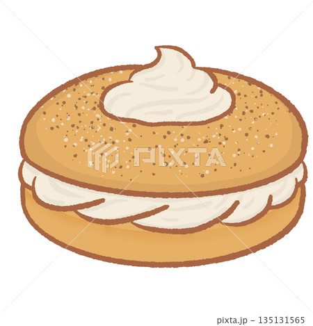 Hand drawn bagel with thick cream cheese spread and sesame seeds savory breakfast pastry illustration isolated on white background for bakery and cafe menu design 135131565