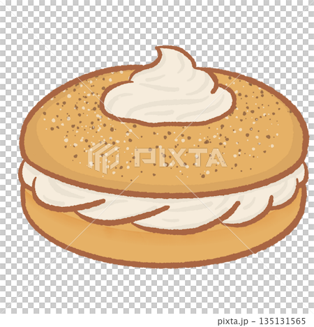 Hand drawn bagel with thick cream cheese spread and sesame seeds savory breakfast pastry illustration isolated on white background for bakery and cafe menu design 135131565