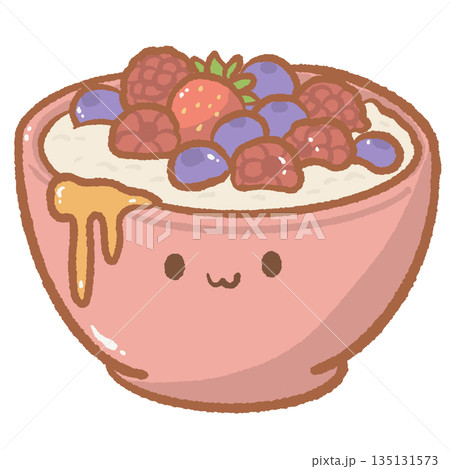 Kawaii pink bowl of greek yogurt topped with fresh blueberries raspberries and strawberries with honey drizzle cute healthy breakfast character illustration for cafe decor 135131573