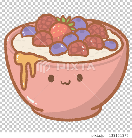 Kawaii pink bowl of greek yogurt topped with fresh blueberries raspberries and strawberries with honey drizzle cute healthy breakfast character illustration for cafe decor 135131573