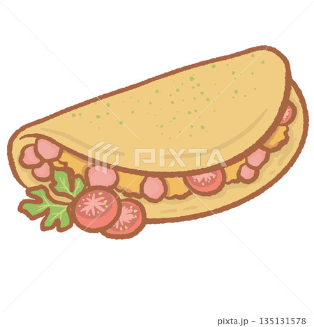 Cute hand drawn omelette with sausage and tomato slices breakfast food icon isolated on white background colorful cartoon style delicious meal for menu design and kids projects Cute hand drawn omelette with sausage and tomato slices breakfast food icon isolated on white background colorful cartoon style delicious meal for menu design and kids projects 135131578
