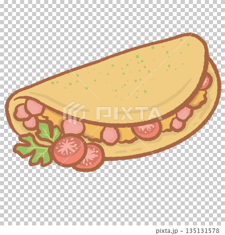 Cute hand drawn omelette with sausage and tomato slices breakfast food icon isolated on white background colorful cartoon style delicious meal for menu design and kids projects Cute hand drawn omelette with sausage and tomato slices breakfast food icon isolated on white background colorful cartoon style delicious meal for menu design and kids projects 135131578