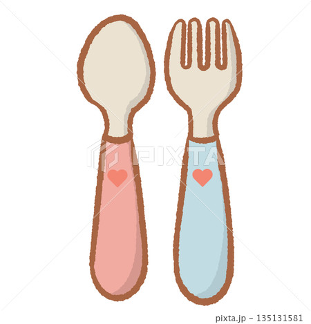 Cute spoon and fork set with pink and blue handles and heart details adorable kitchen utensil illustration for baby shower invitations cafe branding and restaurant decor 135131581