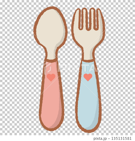Cute spoon and fork set with pink and blue handles and heart details adorable kitchen utensil illustration for baby shower invitations cafe branding and restaurant decor Cute spoon and fork set with pink and blue handles and heart details adorable kitchen utensil illustration for baby shower invitations cafe branding and restaurant decor 135131581
