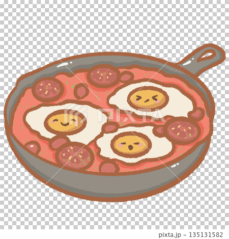 Traditional egg shakshuka in a cast iron skillet with tomato sauce and smiling egg characters cute kawaii breakfast food illustration for Mediterranean cafe and restaurant menus Traditional egg shakshuka in a cast iron skillet with tomato sauce and smiling egg characters cute kawaii breakfast food illustration for Mediterranean cafe and restaurant menus 135131582
