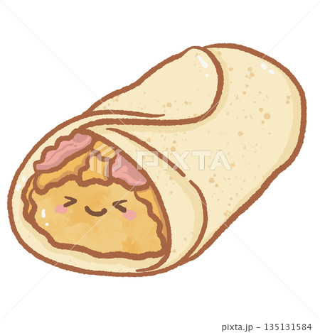 Cute breakfast burrito character with a happy face and savory fillings adorable kawaii wrap illustration for food trucks cafe menus and Mexican cuisine brandingv 135131584