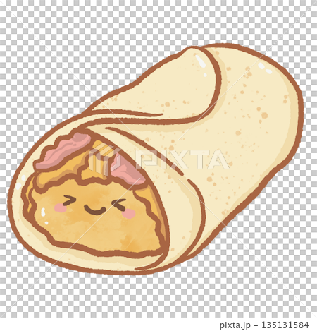 Cute breakfast burrito character with a happy face and savory fillings adorable kawaii wrap illustration for food trucks cafe menus and Mexican cuisine brandingv 135131584