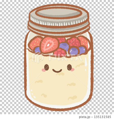 Healthy overnight oats in a glass mason jar topped with fresh strawberries and blueberries cute kawaii food character illustration for breakfast and wellness designs Healthy overnight oats in a glass mason jar topped with fresh strawberries and blueberries cute kawaii food character illustration for breakfast and wellness designs 135131585