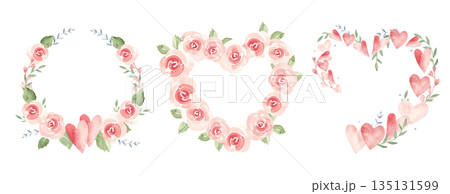Valentine's day or wedding wreaths set with hearts, pink roses and branches. Circle and heart shaped frames, borders. Watercolor painting isolated on a white background. Love and Romantic illustration 135131599