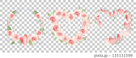 Valentine's day or wedding wreaths set with hearts, pink roses and branches. Circle and heart shaped frames, borders. Watercolor painting isolated on a white background. Love and Romantic illustration 135131599